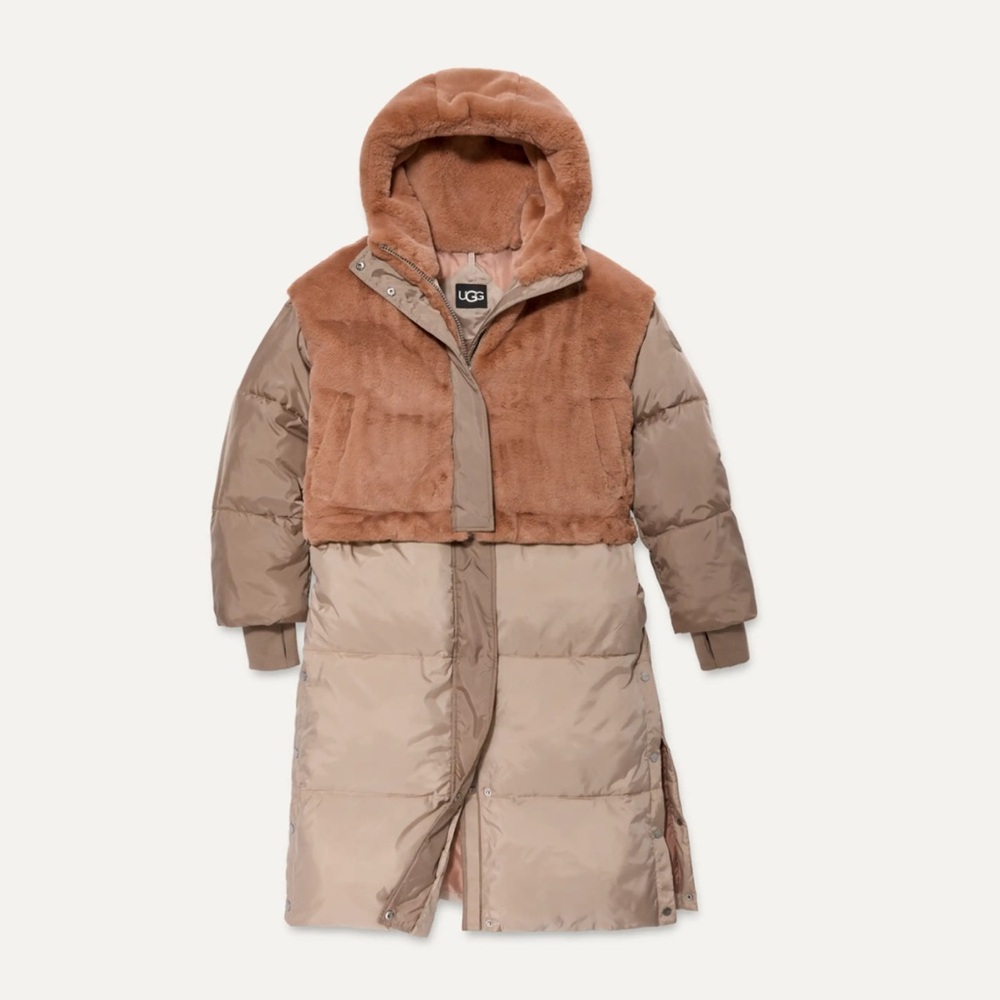 UGG Two-Tone Long Puffer Coat in Taupe and Chestnut